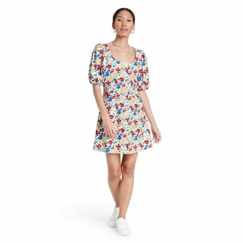 RIXO Multicolor Floral Dress with Puff Sleeves